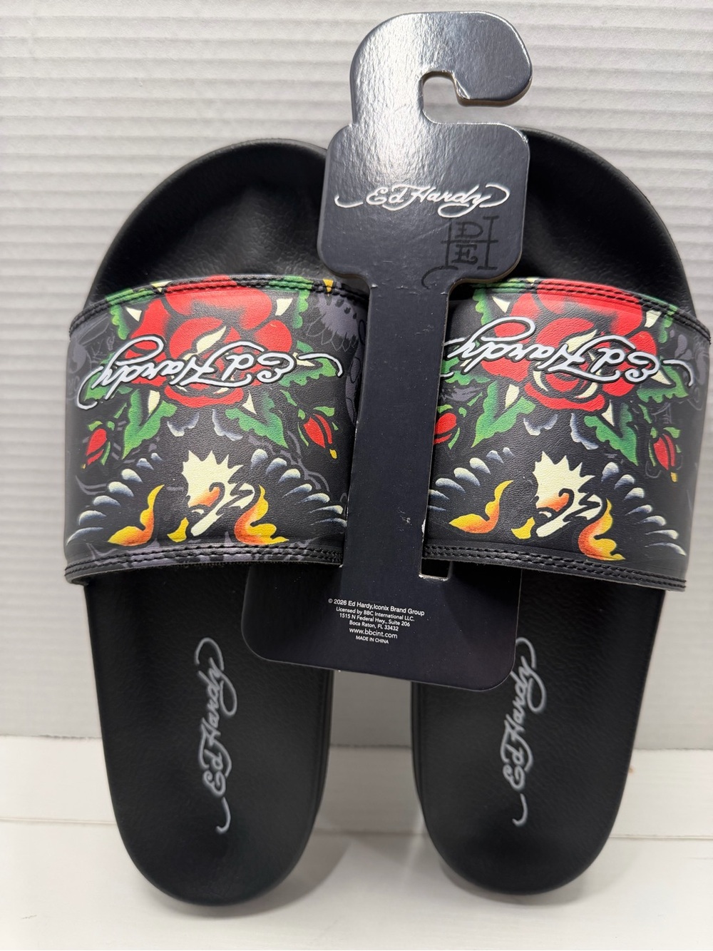 Ed Hardy Traditional Eagle Red Rose Tattoo Green Leaf Slides Sandal Mens Size 12